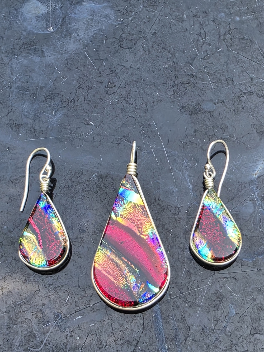Handmade Multicolor Dichroic Glass Teardrop Earring and Pendant Set